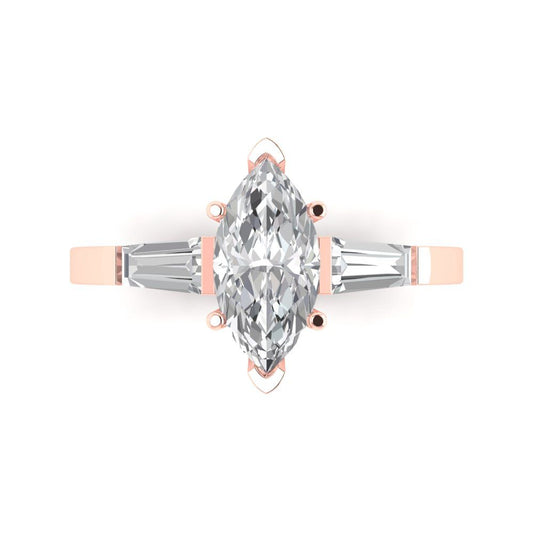 2 cttw White Sapphire Three-Stone Engagement Ring - Solid Rose Gold (VVS1, Marquise Cut,11x5.5mm)