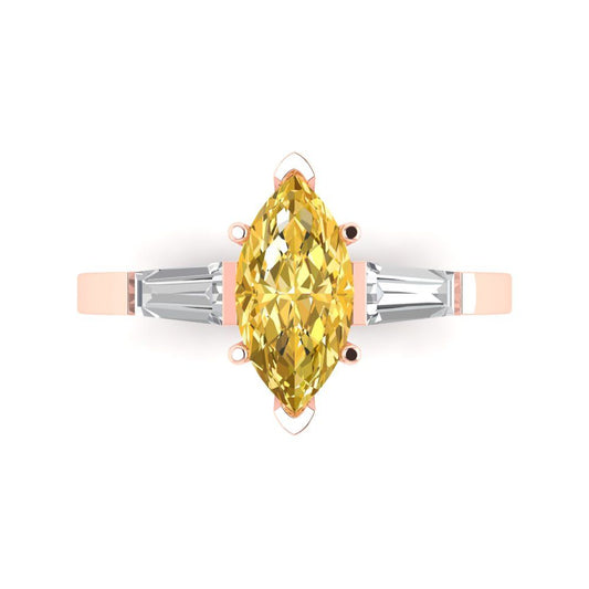 2 cttw Zirconia Simulated Yellow Diamond Three-Stone Engagement Ring - Solid Rose Gold (VVS1, Marquise Cut,11x5.5mm)