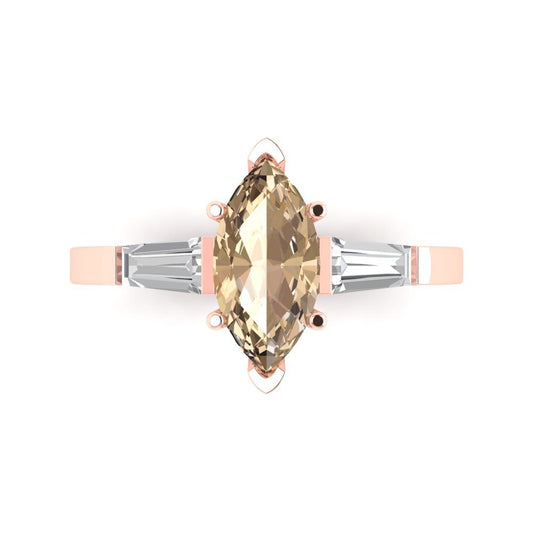 2 cttw Yellow Moissanite Three-Stone Engagement Ring - Solid Rose Gold (VVS1, Marquise Cut,11x5.5mm)