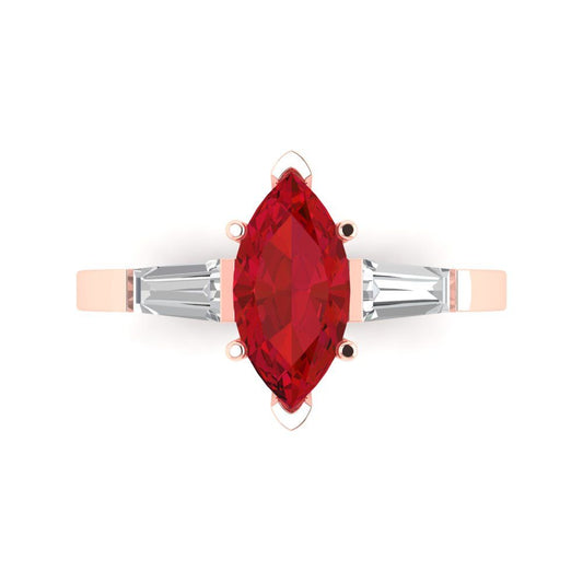 2 cttw Simulated Ruby Three-Stone Engagement Ring - Solid Rose Gold (VVS1, Marquise Cut,11x5.5mm)
