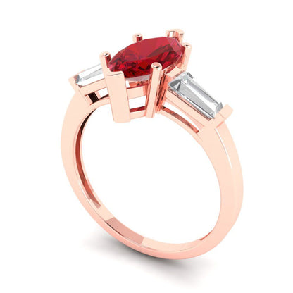 2 cttw Simulated Pink Tourmaline Three-Stone Engagement Ring - Solid Gold (Marquise Cut,11x5.5mm)
