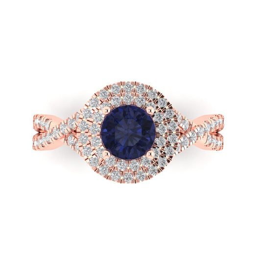 1.3125 cttw Simulated Blue Sapphire Solitaire with Zirconia Simulated Diamond Accents Engagement Ring - Solid Rose Gold (VVS1, Round Cut,6mm)