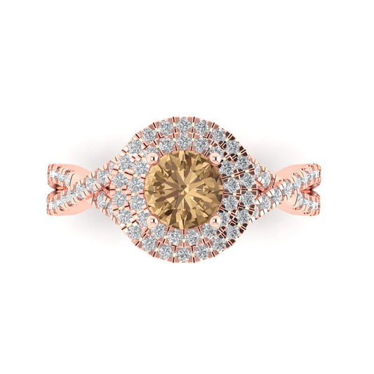 1.3125 cttw Zirconia Simulated Champagne Diamond Solitaire with Zirconia Simulated Diamond Accents Engagement Ring - Solid Rose Gold (VVS1, Round Cut,6mm)