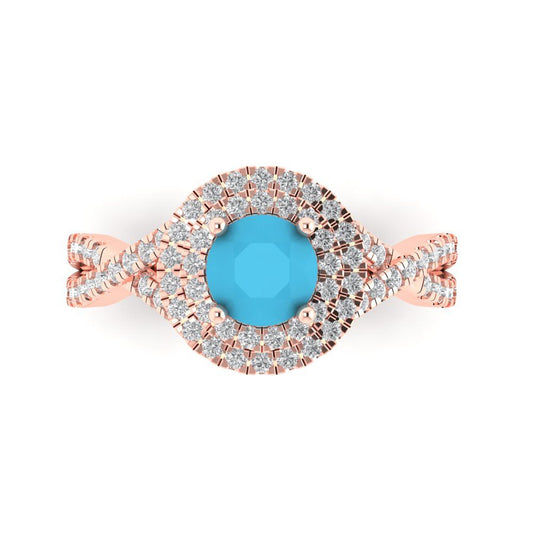 1.3125 cttw Simulated Turquoise Solitaire with Zirconia Simulated Diamond Accents Engagement Ring - Solid Rose Gold (VVS1, Round Cut,6mm)