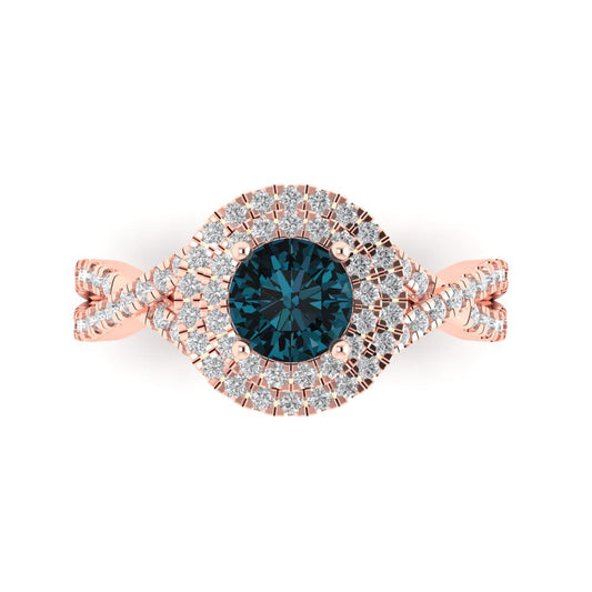 1.3125 cttw Natural London Blue Topaz Solitaire with Zirconia Simulated Diamond Accents Engagement Ring - Solid Rose Gold (VVS1, Round Cut,6mm)