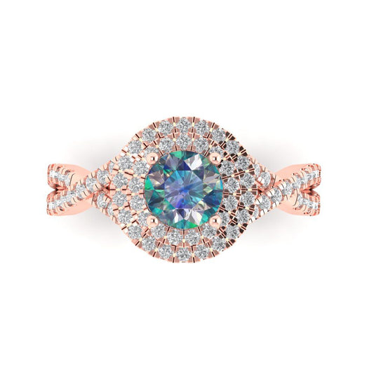 1.3125 cttw Blue Moissanite Solitaire with Zirconia Simulated Diamond Accents Engagement Ring - Solid Rose Gold (VVS1, Round Cut,6mm)