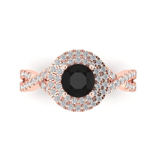 1.3125 cttw Natural Onyx Solitaire with Zirconia Simulated Diamond Accents Engagement Ring - Solid Rose Gold (VVS1, Round Cut,6mm)