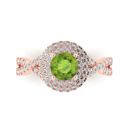 1.3125 cttw Natural Peridot Solitaire with Zirconia Simulated Diamond Accents Engagement Ring - Solid Rose Gold (VVS1, Round Cut,6mm)