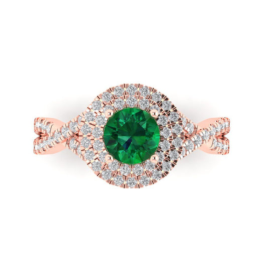 1.3125 cttw Simulated Emerald Solitaire with Zirconia Simulated Diamond Accents Engagement Ring - Solid Rose Gold (VVS1, Round Cut,6mm)