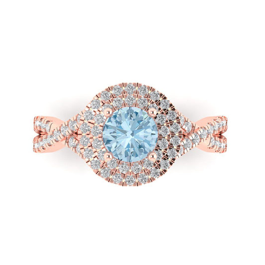 1.3125 cttw Natural Swiss Blue Topaz Solitaire with Zirconia Simulated Diamond Accents Engagement Ring - Solid Rose Gold (VVS1, Round Cut,6mm)