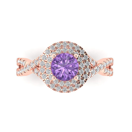 1.3125 cttw Simulated Alexandrite Solitaire with Zirconia Simulated Diamond Accents Engagement Ring - Solid Rose Gold (VVS1, Round Cut,6mm)