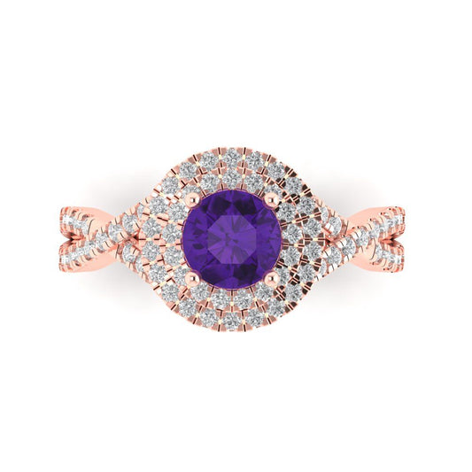 1.3125 cttw Natural Amethyst Solitaire with Zirconia Simulated Diamond Accents Engagement Ring - Solid Rose Gold (VVS1, Round Cut,6mm)