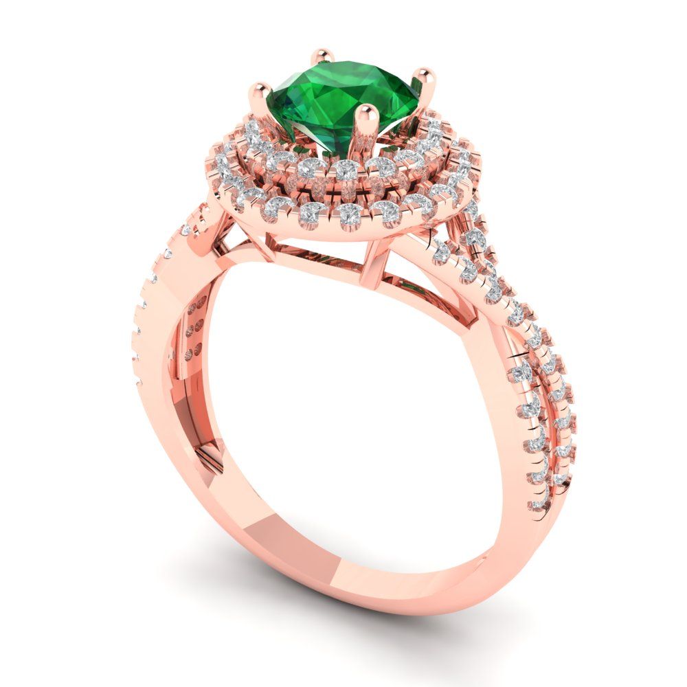 1.3125 cttw Simulated Emerald Solitaire with Zirconia Simulated Diamond Accents Engagement Ring - Solid Gold (Round Cut,6mm)