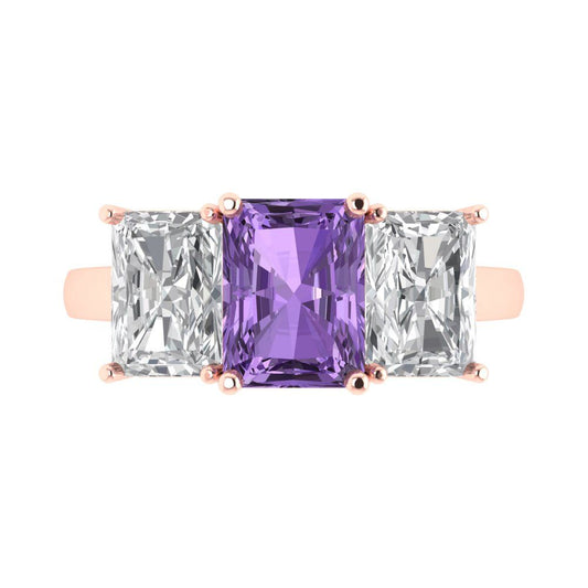4 cttw Simulated Alexandrite Three-Stone Engagement Ring - Solid Rose Gold (VVS1, Emerald Cut,8x6mm)