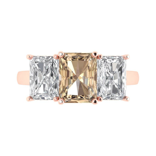 4 cttw Yellow Moissanite Three-Stone Engagement Ring - Solid Rose Gold (VVS1, Emerald Cut,8x6mm)