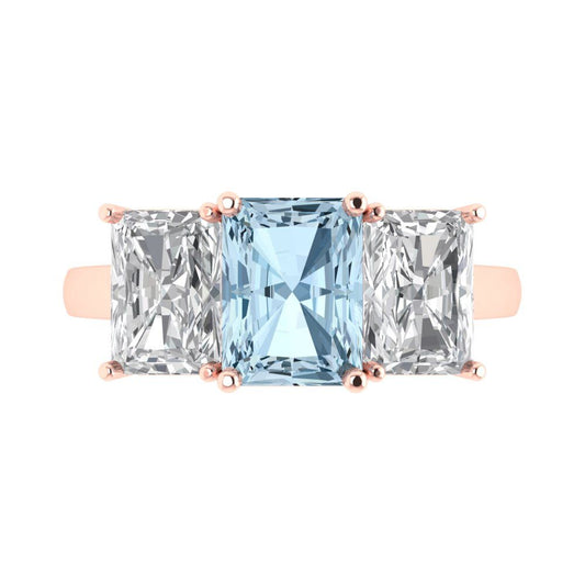 4 cttw Zirconia Simulated Blue Diamond Three-Stone Engagement Ring - Solid Rose Gold (VVS1, Emerald Cut,8x6mm)