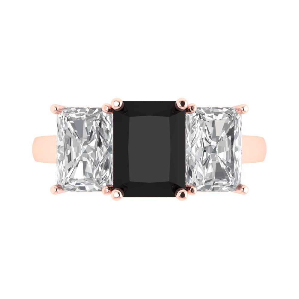 4 cttw Natural Onyx Three-Stone Engagement Ring - Solid Gold (Emerald Cut,8x6mm)