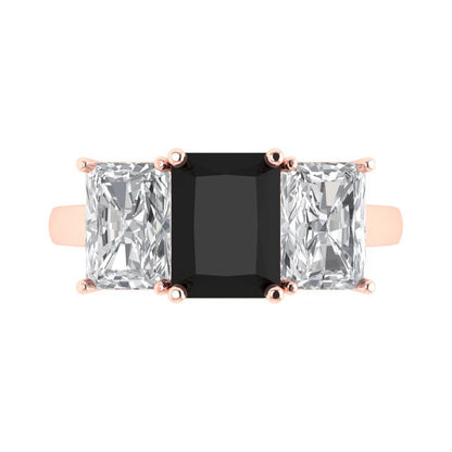 4 cttw Natural Onyx Three-Stone Engagement Ring - Solid Gold (Emerald Cut,8x6mm)
