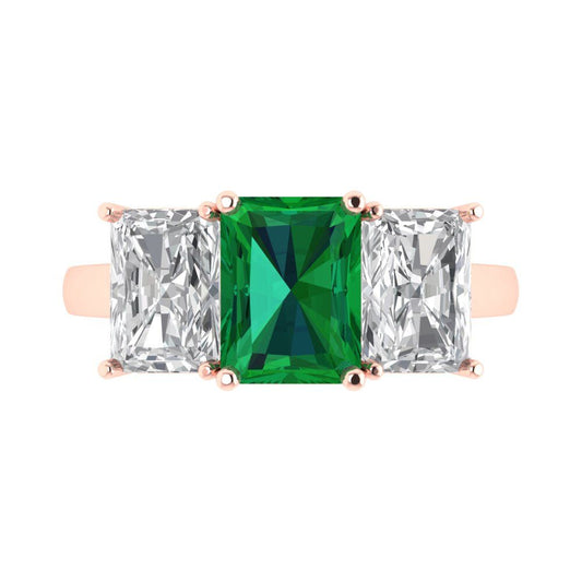 4 cttw Simulated Emerald Three-Stone Engagement Ring - Solid Rose Gold (VVS1, Emerald Cut,8x6mm)