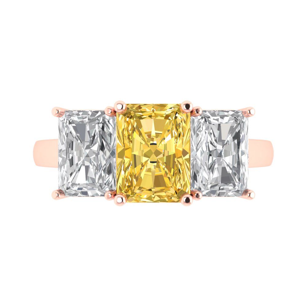 4 cttw Zirconia Simulated Yellow Diamond Three-Stone Engagement Ring - Solid Rose Gold (VVS1, Emerald Cut,8x6mm)