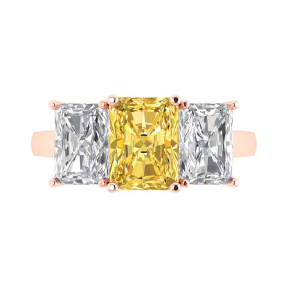 4 cttw Zirconia Simulated Yellow Diamond Three-Stone Engagement Ring - Solid Rose Gold (VVS1, Emerald Cut,8x6mm)