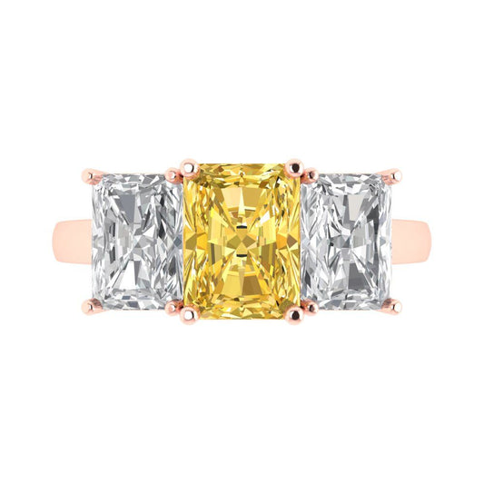 4 cttw Zirconia Simulated Yellow Diamond Three-Stone Engagement Ring - Solid Rose Gold (VVS1, Emerald Cut,8x6mm)