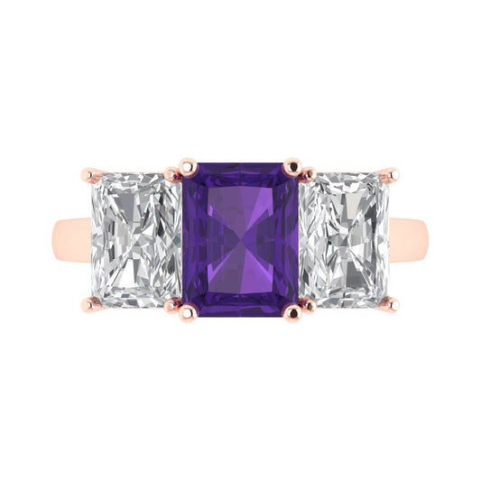4 cttw Natural Amethyst Three-Stone Engagement Ring - Solid Rose Gold (VVS1, Emerald Cut,8x6mm)