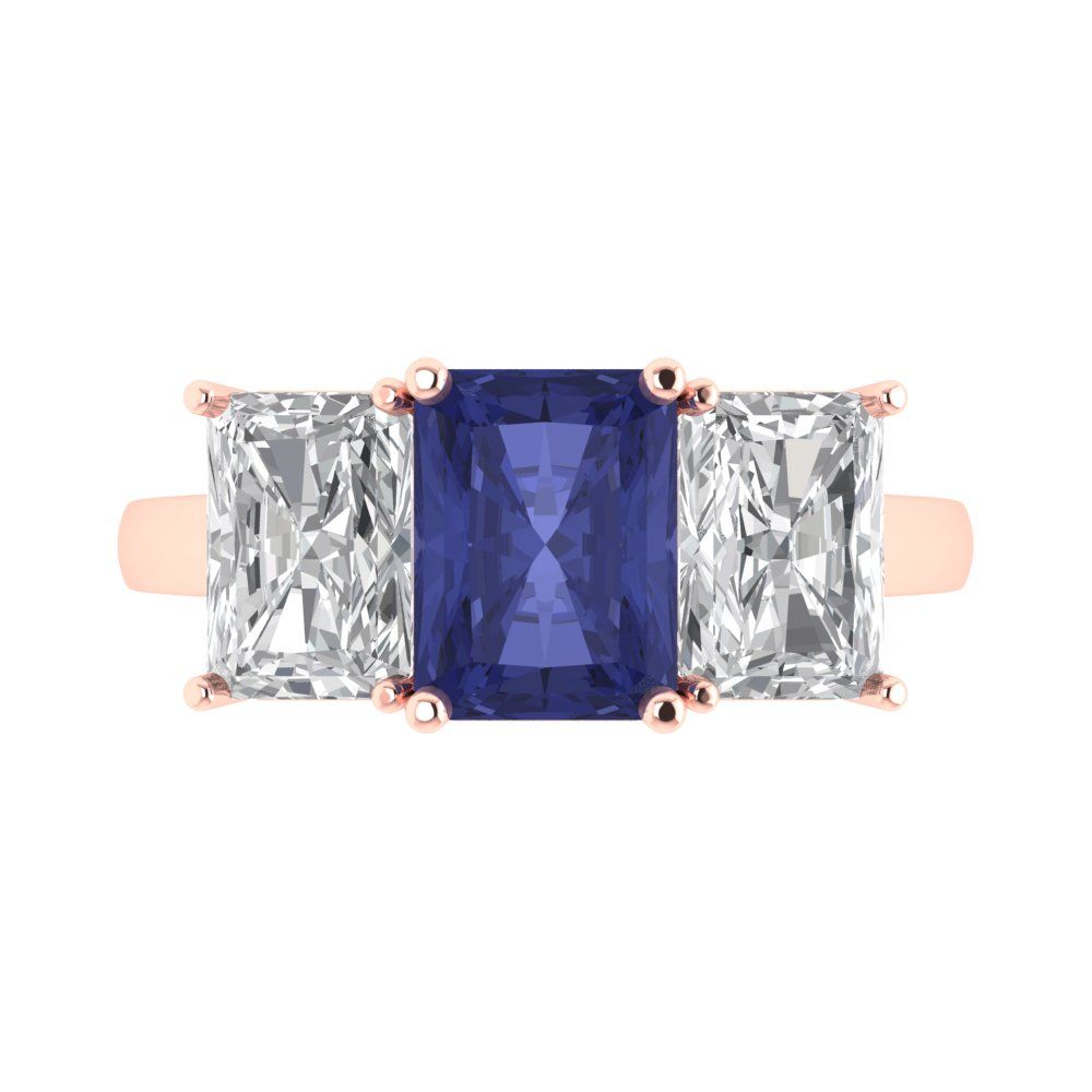 4 cttw Simulated Tanzanite Three-Stone Engagement Ring - Solid Gold (Emerald Cut,8x6mm)