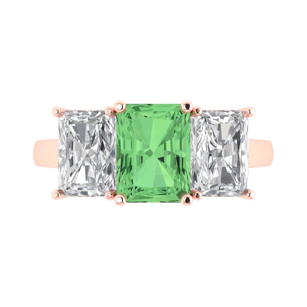4 cttw Zirconia Simulated Green Diamond Three-Stone Engagement Ring - Solid Rose Gold (VVS1, Emerald Cut,8x6mm)