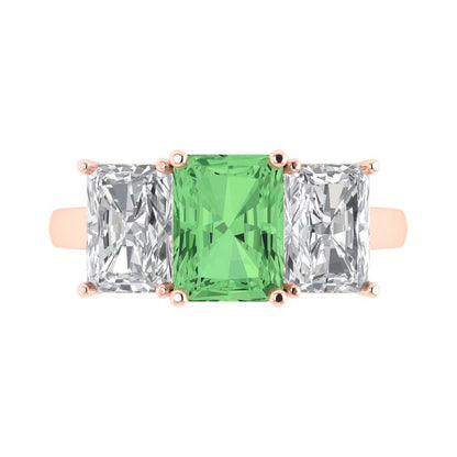 4 cttw Zirconia Simulated Green Diamond Three-Stone Engagement Ring - Solid Rose Gold (VVS1, Emerald Cut,8x6mm)