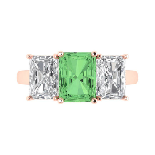 4 cttw Zirconia Simulated Green Diamond Three-Stone Engagement Ring - Solid Rose Gold (VVS1, Emerald Cut,8x6mm)