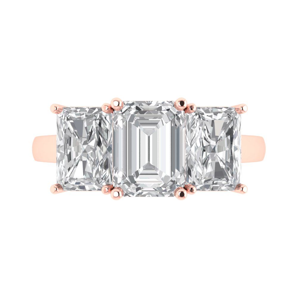 4 cttw Moissanite Three-Stone Engagement Ring - Solid Rose Gold (VVS1, Emerald Cut,8x6mm)