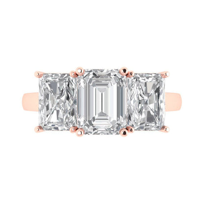 4 cttw Moissanite Three-Stone Engagement Ring - Solid Rose Gold (VVS1, Emerald Cut,8x6mm)