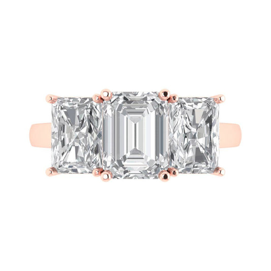 4 cttw Moissanite Three-Stone Engagement Ring - Solid Rose Gold (VVS1, Emerald Cut,8x6mm)