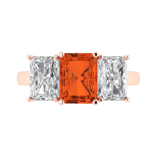 4 cttw Zirconia Simulated Red Diamond Three-Stone Engagement Ring - Solid Rose Gold (VVS1, Emerald Cut,8x6mm)