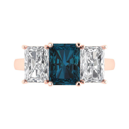 4 cttw Natural London Blue Topaz Three-Stone Engagement Ring - Solid Rose Gold (VVS1, Emerald Cut,8x6mm)