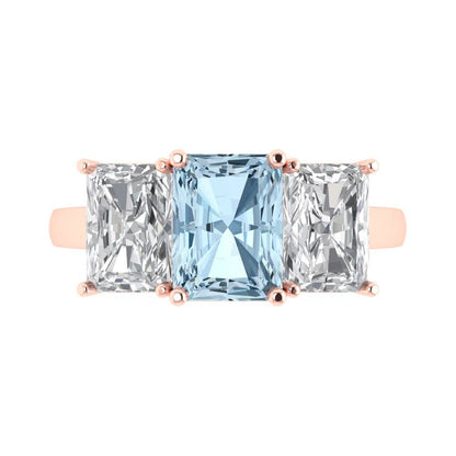 4 cttw Natural Aquamarine Three-Stone Engagement Ring - Solid Gold (Emerald Cut,8x6mm)