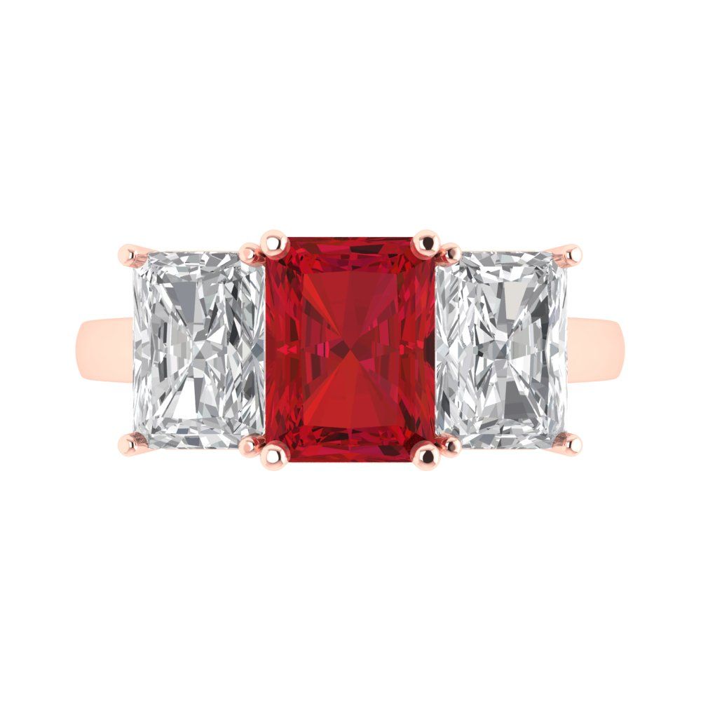 4 cttw Simulated Ruby Three-Stone Engagement Ring - Solid Rose Gold (VVS1, Emerald Cut,8x6mm)