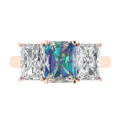 4 cttw Blue Moissanite Three-Stone Engagement Ring - Solid Gold (Emerald Cut,8x6mm)