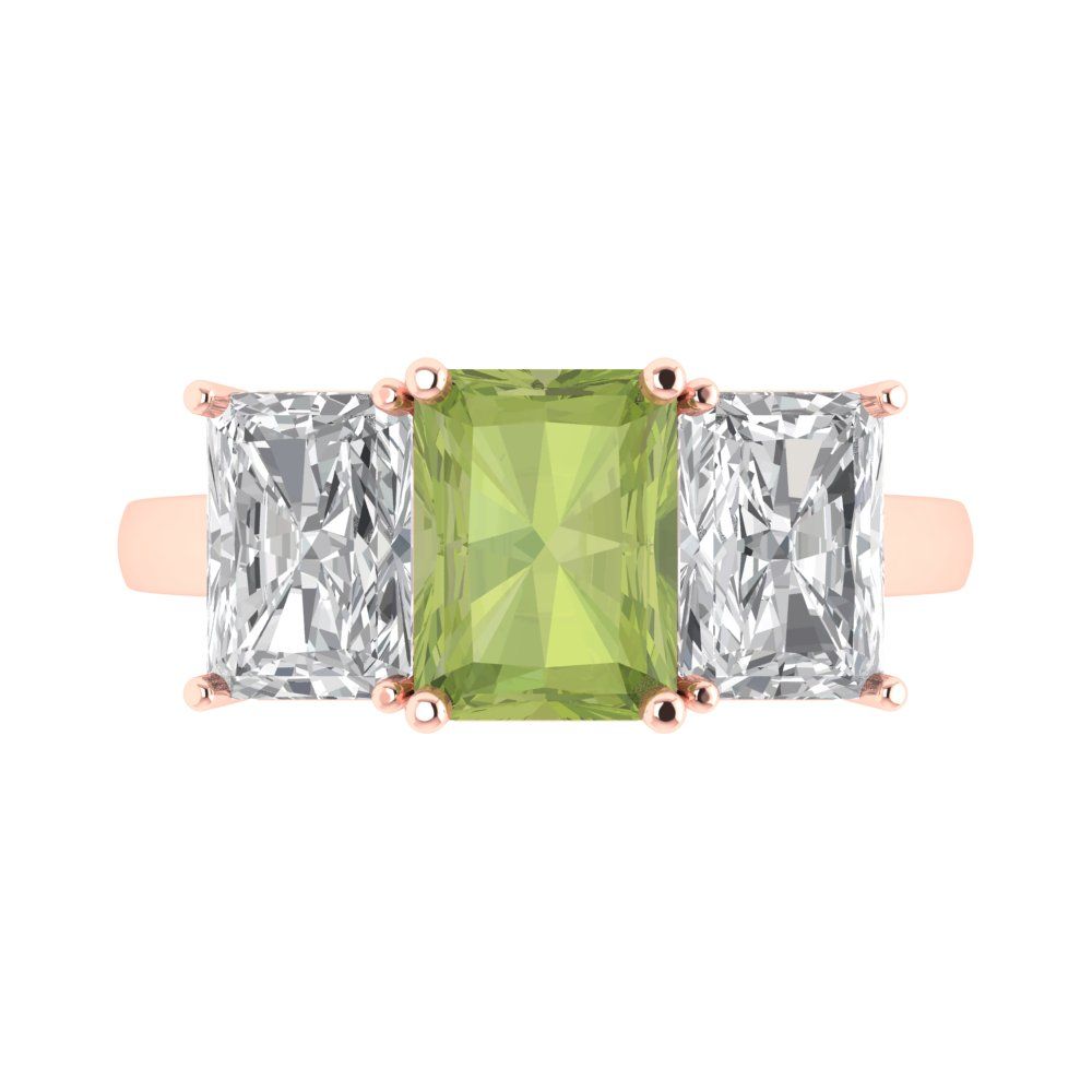 4 cttw Natural Peridot Three-Stone Engagement Ring - Solid Gold (Emerald Cut,8x6mm)