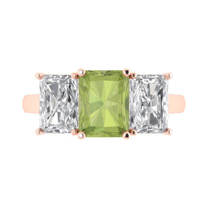4 cttw Natural Peridot Three-Stone Engagement Ring - Solid Gold (Emerald Cut,8x6mm)