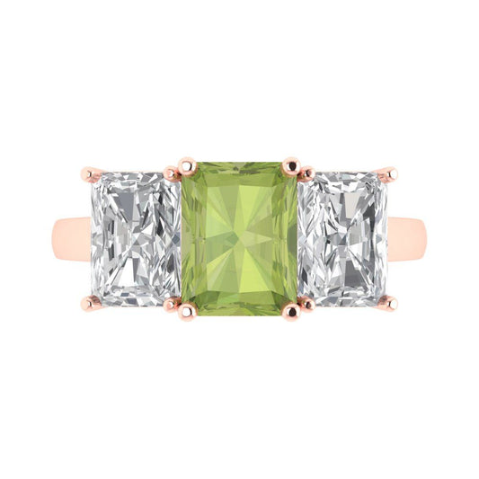 4 cttw Natural Peridot Three-Stone Engagement Ring - Solid Rose Gold (VVS1, Emerald Cut,8x6mm)