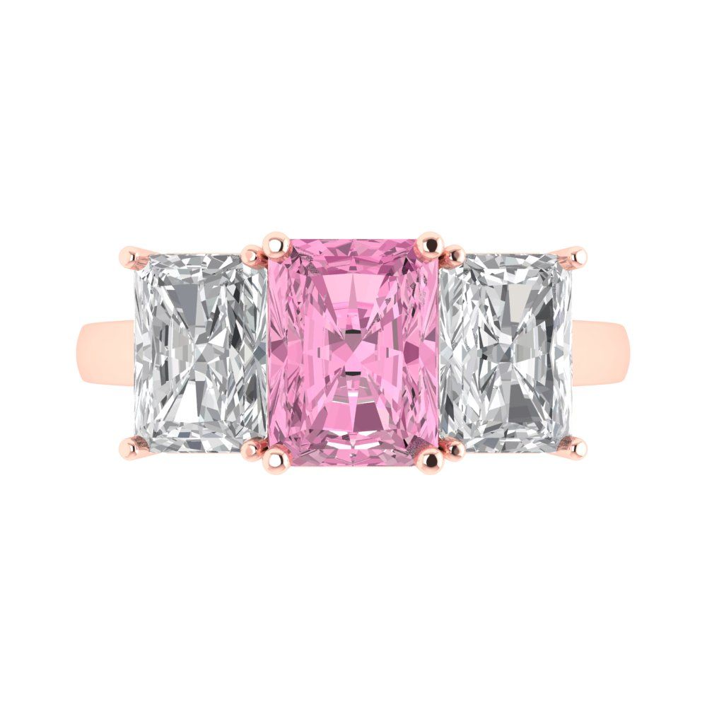 4 cttw Zirconia Simulated Pink Diamond Three-Stone Engagement Ring - Solid Rose Gold (VVS1, Emerald Cut,8x6mm)