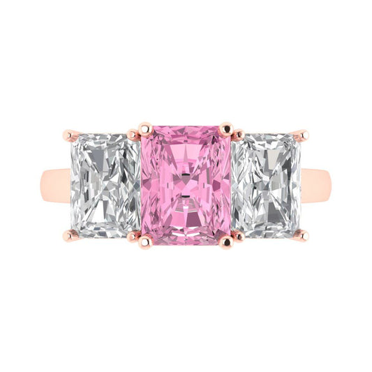 4 cttw Zirconia Simulated Pink Diamond Three-Stone Engagement Ring - Solid Rose Gold (VVS1, Emerald Cut,8x6mm)