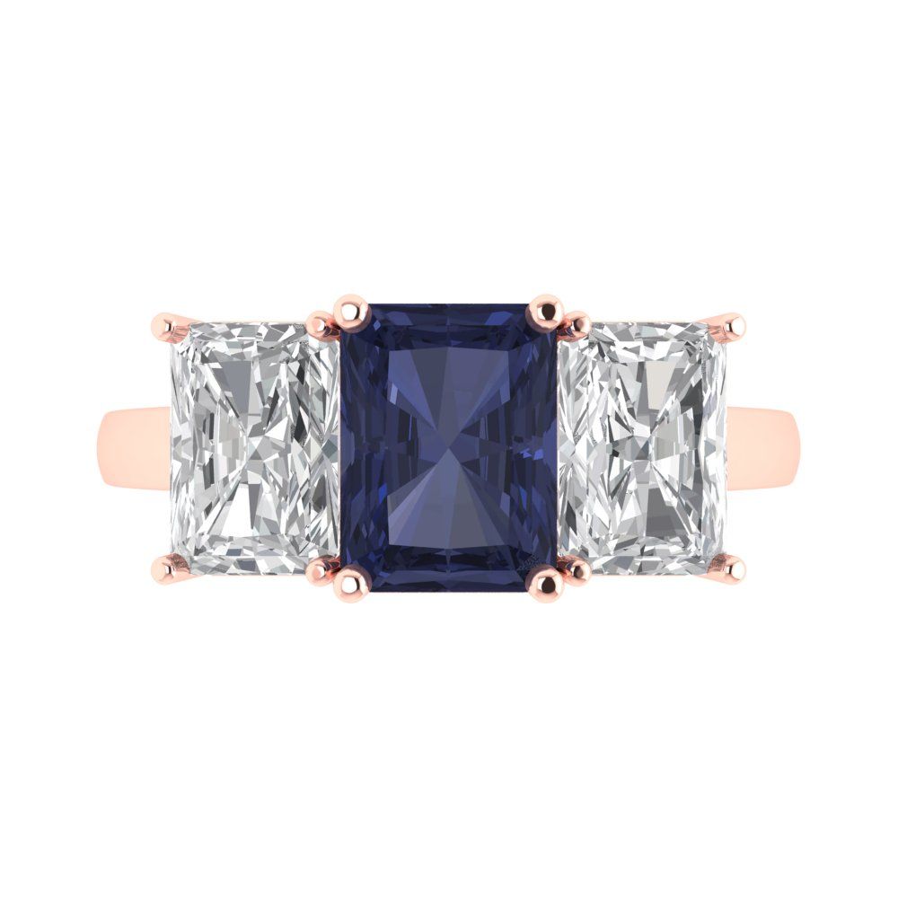 4 cttw Simulated Blue Sapphire Three-Stone Engagement Ring - Solid Gold (Emerald Cut,8x6mm)
