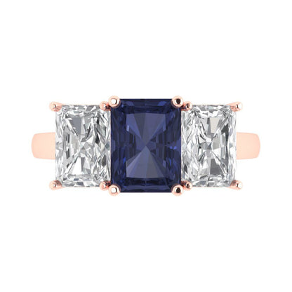 4 cttw Simulated Blue Sapphire Three-Stone Engagement Ring - Solid Gold (Emerald Cut,8x6mm)