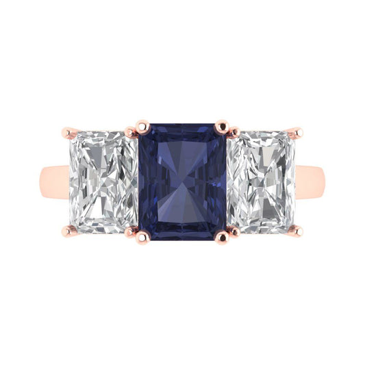 4 cttw Simulated Blue Sapphire Three-Stone Engagement Ring - Solid Rose Gold (VVS1, Emerald Cut,8x6mm)