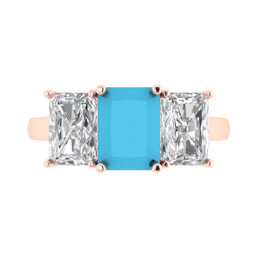 4 cttw Simulated Turquoise Three-Stone Engagement Ring - Solid Rose Gold (VVS1, Emerald Cut,8x6mm)