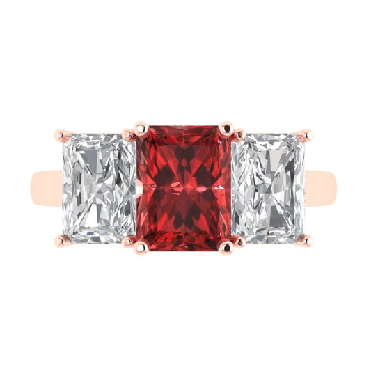 4 cttw Natural Garnet Three-Stone Engagement Ring - Solid Rose Gold (VVS1, Emerald Cut,8x6mm)