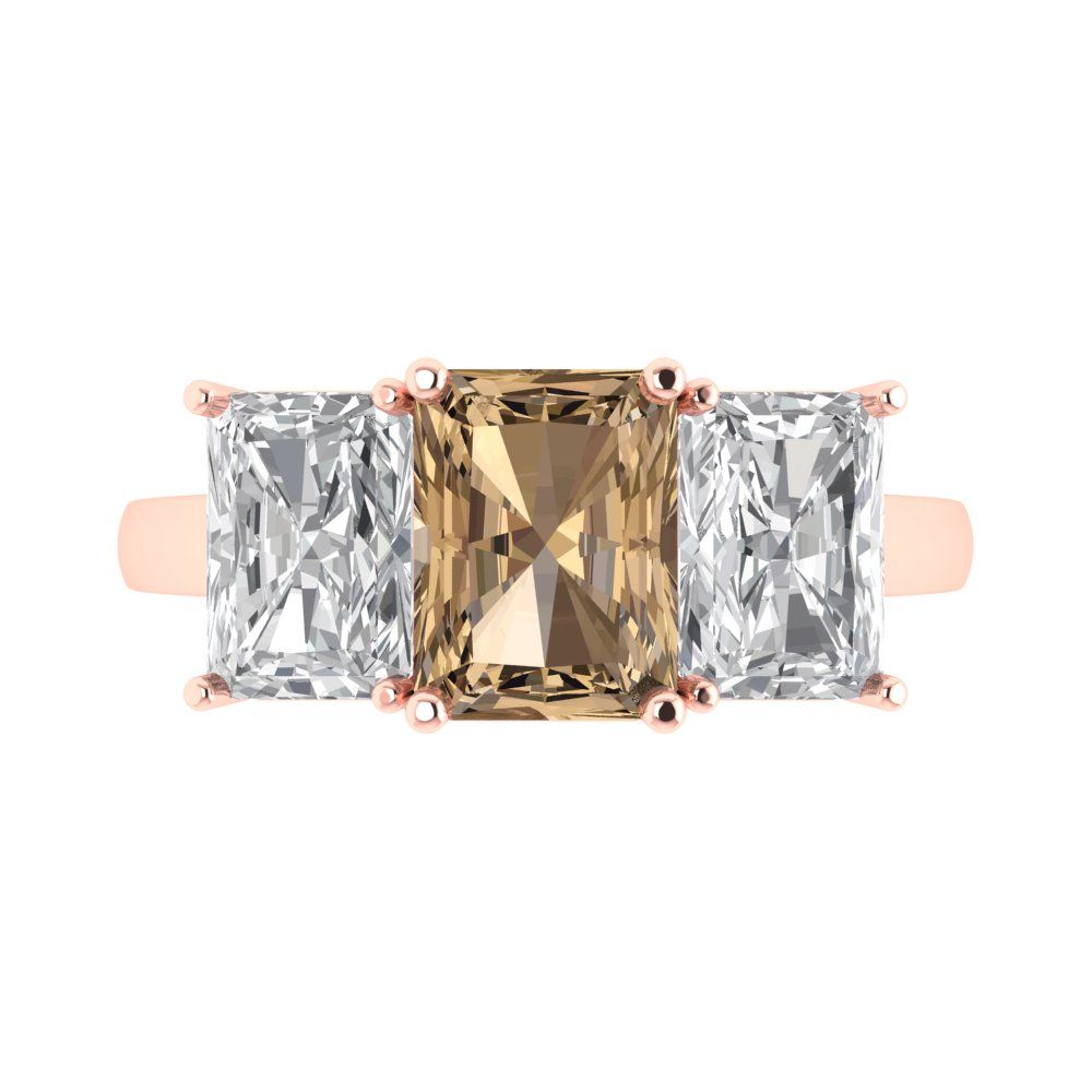 4 cttw Zirconia Simulated Champagne Diamond Three-Stone Engagement Ring - Solid Rose Gold (VVS1, Emerald Cut,8x6mm)
